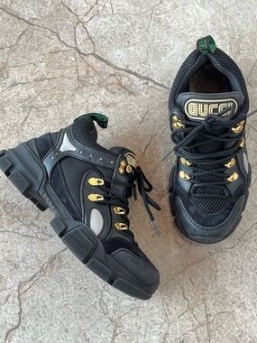 Gucci SEGA Flashtrek Black Leather and Mesh Low Top Chunky Sneakers